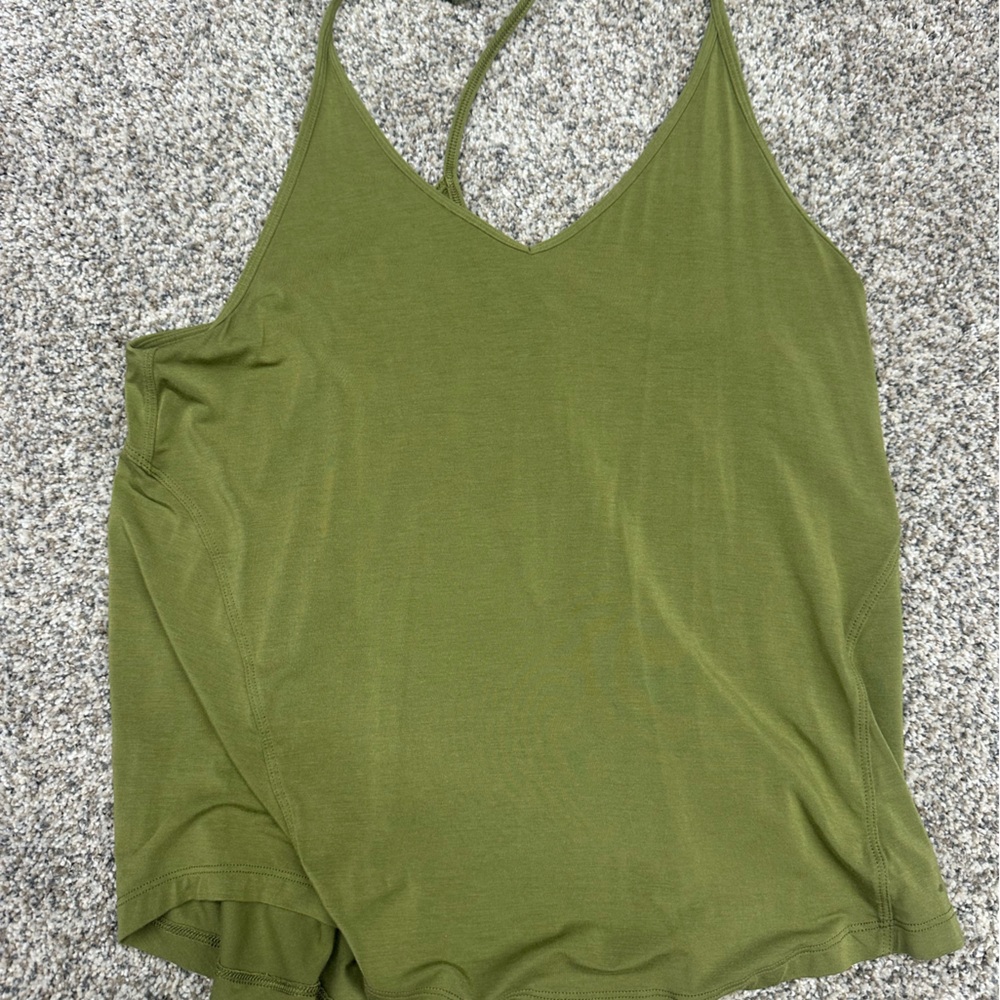 lululemon flowy, open back tank top: bronze green